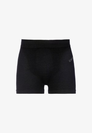 Schlichte schwarze Boxershorts aus einem glatten, elastischen Stoff. Mit einem weichen Bund und einem dezenten Logo auf der linken Seite. Design bis zur Mitte des Oberschenkels.