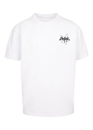 Hvid bomulds t-shirt med korte ærmer. Har et monokromt grafisk design på venstre brystområde. Klassisk crew neck design.