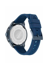 Zils silikona rokas pulkstenis ar nerūsējošā tērauda korpusu, rotējošo bezeli un aizmugurē ar gravējumu "Nautica" un ūdensnoturības detaļām.