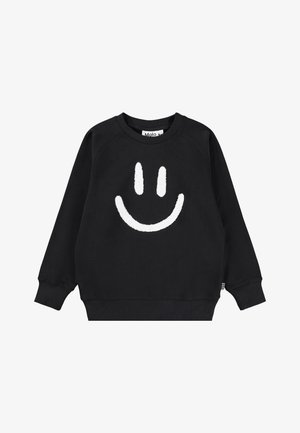 Felpa nera con un grande sorriso bianco e soffice sul davanti. Presenta un collo rotondo e polsini a costine. Finitura in tessuto morbido.