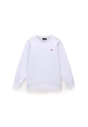 Sudadera blanca de tela suave, con mangas largas, cuello redondo y un pequeño logo rojo y azul en la parte frontal izquierda.