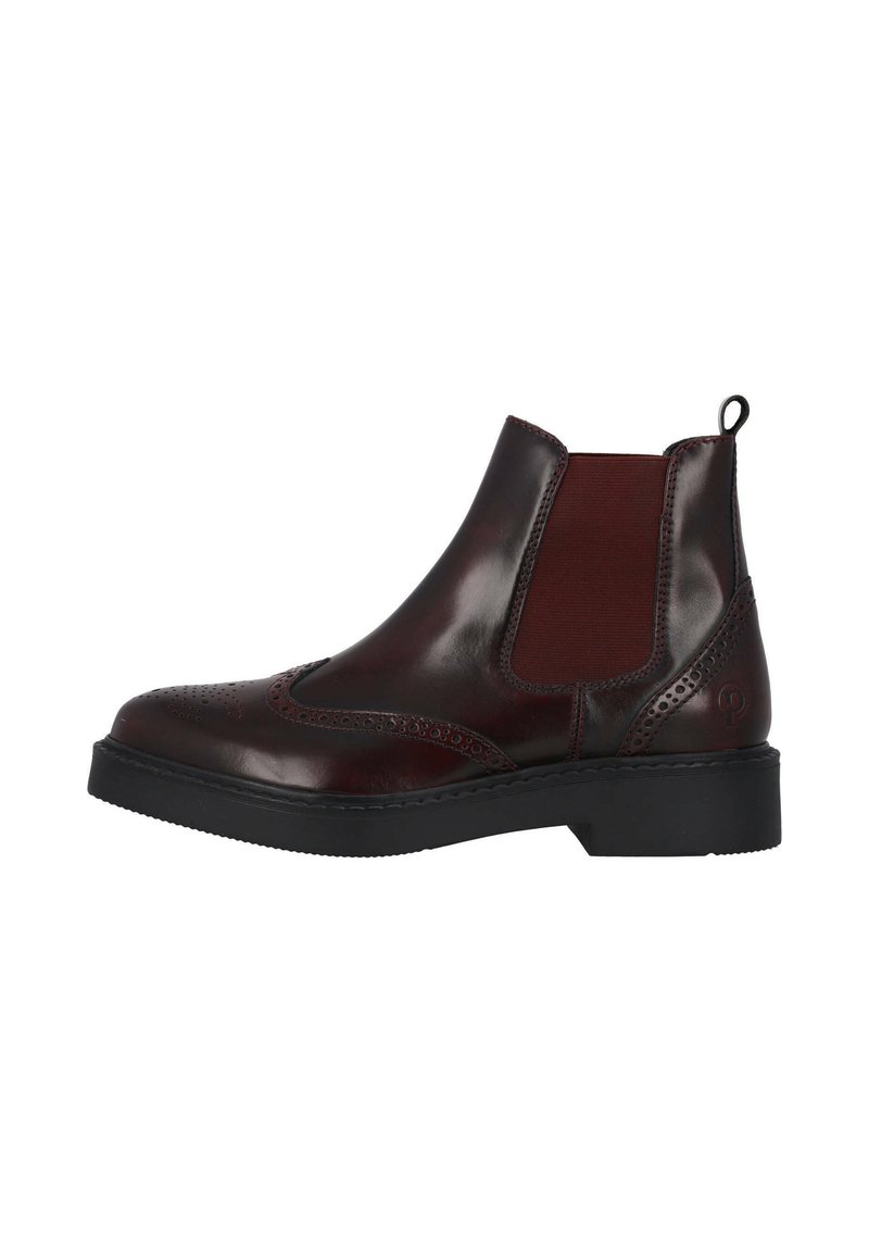 Burgundowe skórzane botki Chelsea z elastycznymi panelami bocznymi, detalami w stylu brogue, pętelką do zakładania oraz czarną gumową podeszwą. Smukły design i wyraźna sylwetka.