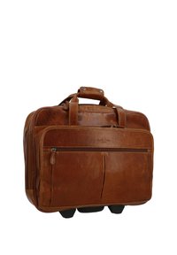 Brown leather rolling briefcase with dual handles, front zip pocket, and black wheels, shown against a white background.