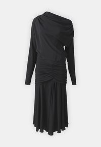 Musta pitkähihaista mekko, jossa on ei-hartia suunnittelu, varustettuna kootulla kankaalla vyötäröllä ja valuva hame. Sujuva pinta, elegantti siluetti.
