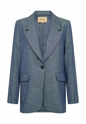 Blazer bleu clair avec un col cranté, deux poches avant et une fermeture à un bouton. Fait en tissu texturé. Doublure intérieure.