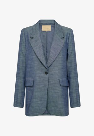 Lys blå blazer med spids krave, to forlommer og enkeltknaplukning. Fremstillet af et struktureret stof. Foring indvendig.