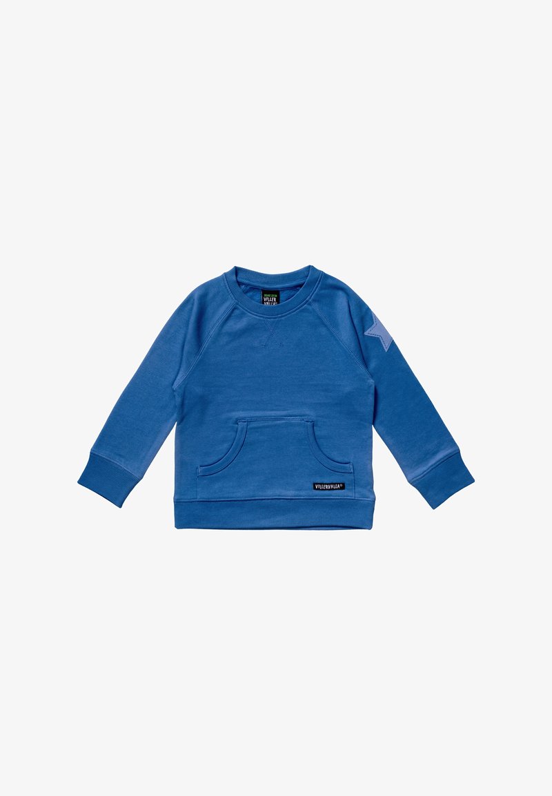 Modrá dlouhá mikina pro děti s kapsou na přední straně, žebrovanými manžetami, hvězdnou nášivkou na levém rukávu a značkovou etiketou VILLERVALLA.