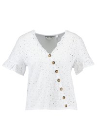 Blouse blanche à manches courtes avec un motif de broderie, décolleté en V et accents de boutons marron sur le devant. Dotée de manches volantées et d'une coupe ajustée.