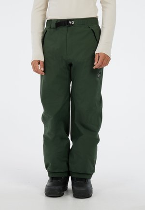 Groene waterdichte skibroek met een relaxte pasvorm, verstelbare tailleband en elastische manchetten, voorzien van zijzakken en een gestructureerde stofafwerking.