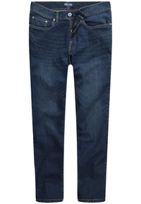 Jeans in denim blu scuro con design a gamba dritta. Le caratteristiche includono una chiusura con bottone, passanti per cintura e tasche frontali e posteriori.