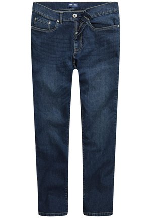 Donkerblauwe spijkerbroek met een recht gesneden ontwerp. Kenmerken zijn onder andere een knoopsluiting, riemlussen en voor- en achterzakken.