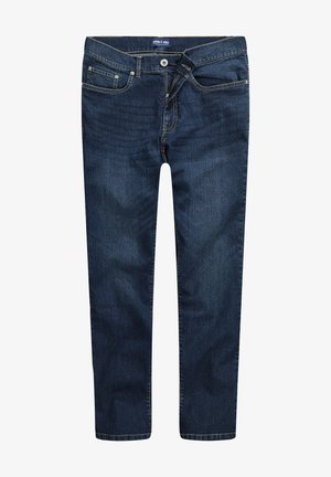 Donkerblauwe spijkerbroek met een recht gesneden ontwerp. Kenmerken zijn onder andere een knoopsluiting, riemlussen en voor- en achterzakken.