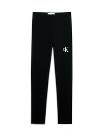 Svarta leggings tillverkade av ett stretchy material, med en åtsittande design och en liten vit "CK"-logotyp nära midjan.