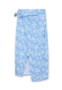 Gonna avvolgente blu floreale realizzata in tessuto leggero, con motivi floreali bianchi, vita legata e uno spacco laterale per facilitare il movimento.