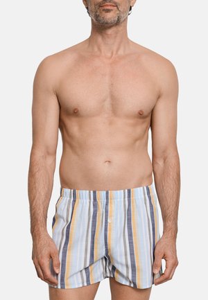 Hombre sin camiseta, vistiendo calzoncillos tipo bóxer con rayas verticales multicolores y cierre de botones, de pie contra un fondo claro y sencillo.