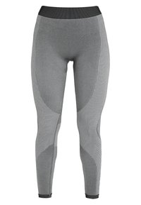 Leggings grises con un diseño texturizado que presenta secciones en gris claro y oscuro, una cinturilla negra ancha y una silueta ajustada.