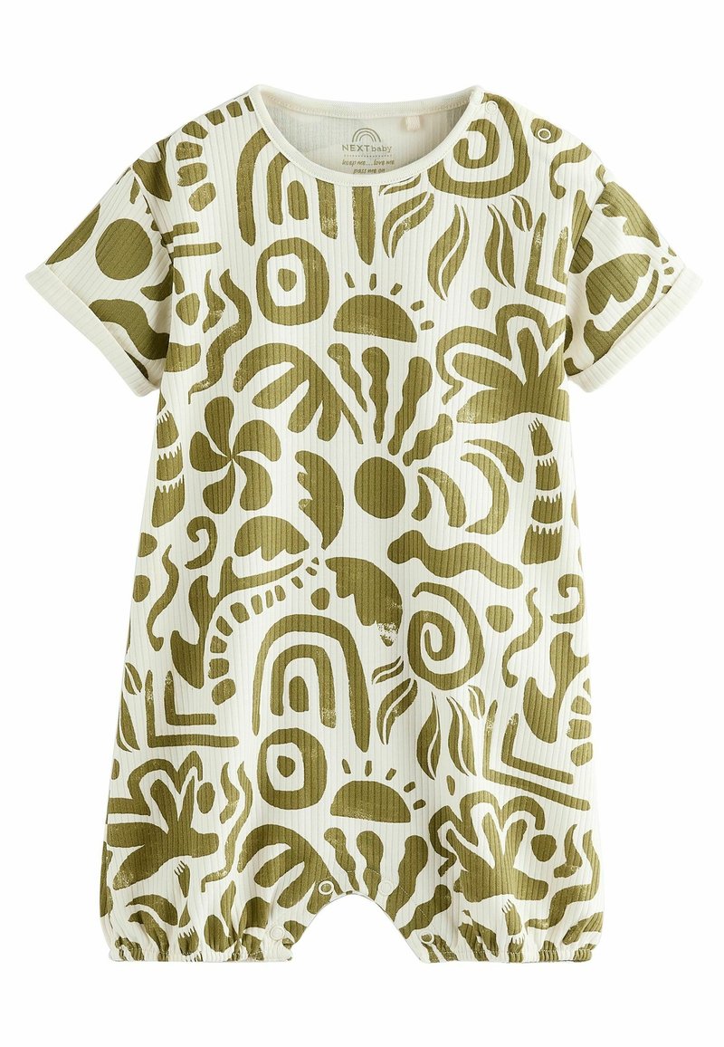 Combinaison à manches courtes couleur crème avec des motifs abstraits verts. Caractérisée par une texture côtelée et des fermetures à pression à la base pour un habillage facile.