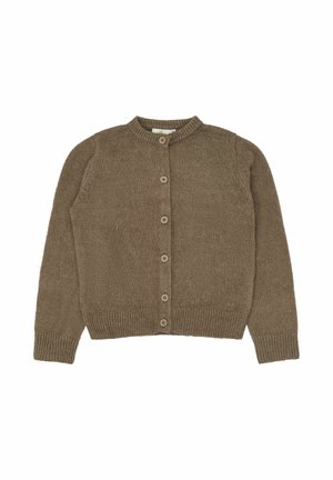Cardigan marron en maille à manches longues, boutonné, avec poignets et ourlet côtelés, doté de six boutons sur le devant et d'un col rond.
