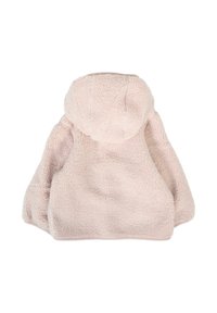 Veste à capuche fluffy rose clair avec des manches longues, fabriquée en tissu en polaire doux et texturé, présentée de dos sur un fond blanc.