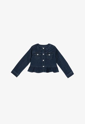 Giacca di jeans blu scuro con orlo arricciato, bottoni a forma di cuore in argento e due tasche frontali. Presenta borchie decorative sulle spalle.
