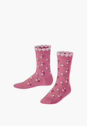 Paar rosa Socken mit kleinen weißen und dunkelrosa Blumenmustern und gewellten Kanten oben.