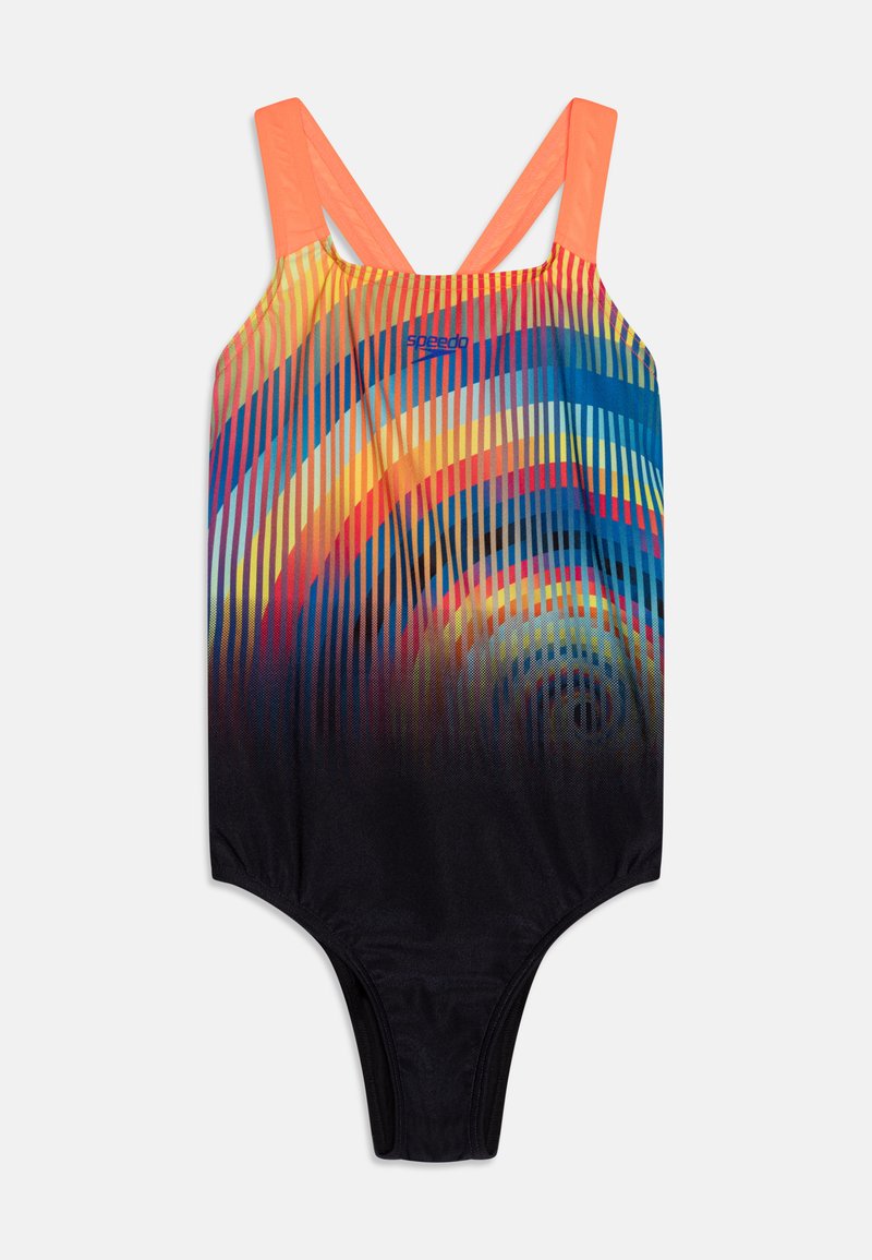 Μια ολόσωμη μαγιό με πολύχρωμο σχέδιο σπιράλ, μαύρο κάτω μέρος και κοραλί straps. Φτιαγμένο από έναν λείο, ελαστικό ύφασμα για άνεση.