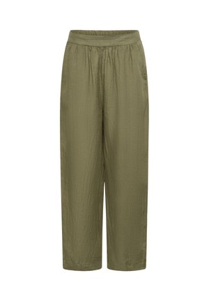 Volné olivově zelené kalhoty s nařaseným pasem a rovnými nohavicemi, vyrobené z lehké texturované látky.