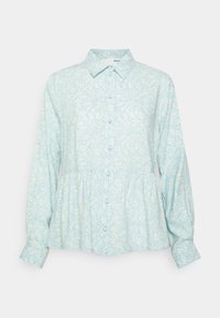 Camisa de botão azul claro com padrão floral, gola pontiaguda, mangas longas e costura na cintura franzida para um ajuste descontraído.