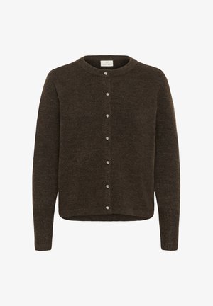 Brauner gestrickter Cardigan mit langen Ärmeln, Rundhalsausschnitt und sieben metallischen Knöpfen an der Vorderseite.