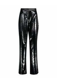 Schwarze Pailletten-Hose mit glänzender Textur, geradem Beinansatz, Taillenbund mit Knopfverschluss und minimalistischem Design.