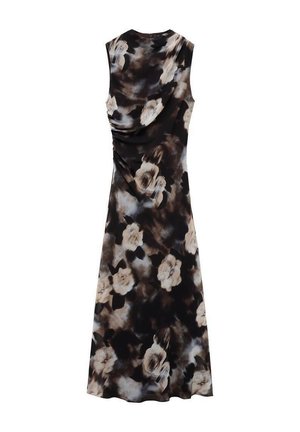 Rochie fără mâneci, de lungime până la genunchi, în culori negru și maro, cu un model floral. Material moale, drapat, cu detalii de pliere pe lateral.
