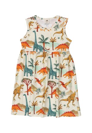 Ärmelloses Kinderkleid mit Dinosaurier-Print, der Brachiosaurus, Stegosaurus, T. Rex, Pterodaktylus und Palmen auf cremefarbenem Stoff zeigt.