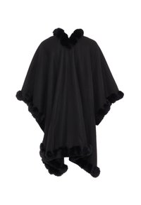 Schwarzer Poncho aus strukturiertem Stoff, mit einem flauschigen schwarzen Saum entlang der Kanten und des Ausschnitts. Offenes Design mit lockerer Passform.
