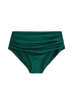 Tummanvihreät bikinialushousut, joissa on korkea vyötärö ja rypytettyä yksityiskohtaa vyötäröllä, valmistettu sileästä uimapuvusta.