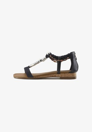 Schwarze flache Sandalen mit Korksohle, die geflochtene Stoffriemen, Metallakzente und eine gepolsterte Fußbett für Komfort bieten.