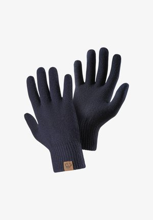 Strickhandschuhe in dunkelblau, mit einem gerippten Bündchen und einer strukturierten Oberfläche, sowie einem kleinen, markierten Lederetikett im Handgelenkbereich.