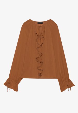 Brown long-sleeve blouse in lightweight fabric featuring a ruffled front, drawstring neckline, and flared cuffs with tie accents.