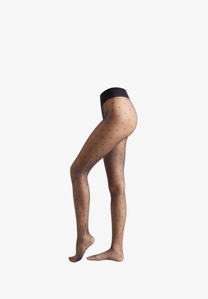 Durchsichtige schwarze Strumpfhosen mit einem gepunkteten Muster, einem breiten schwarzen Bund und einer glatten, transparenten Textur.