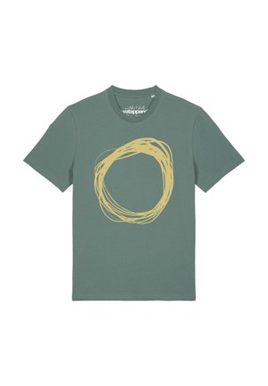 T-shirt vert à manches courtes avec un motif abstrait gribouillé jaune rond centré sur le devant.