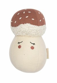 Svampeformet plysdyr med en beige krop og en brun hat med hvide prikker; blød tekstur og broderede ansigtstræk.