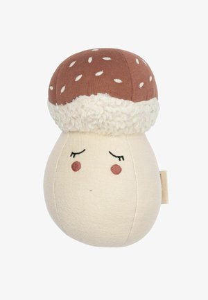 Mushroom-shaped plush toy with a beige body and a brown cap featuring white dots; soft texture and embroidered facial features.