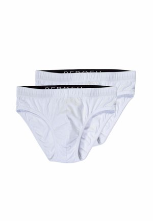 Due slip bianchi da uomo con fascia elastica nera in vita, impilati su sfondo bianco.