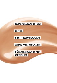 Beige cream formula with a smooth, glossy texture. Text highlights: SPF 28, non-comedogenic, microplastic-free, suitable for all skin types.