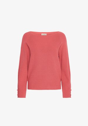 Korallfarbener, gerippter Strickpullover mit weitem Ausschnitt, überschnittenen Schultern und dekorativen Knopfdetails an den Ärmeln. Weiche Textur und lässige Passform.