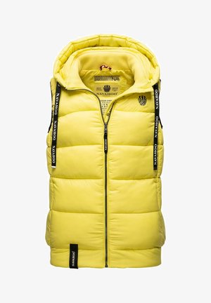 Gulvattert vest med glidelås foran, høy krage og hette. Har svarte detaljer med logo og justerbar snor. Glatt tekstur.