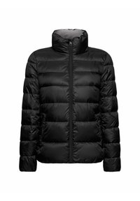Veste matelassée noire en duvet avec col montant et fermeture éclair frontale, conçue pour la chaleur et une tenue décontractée.