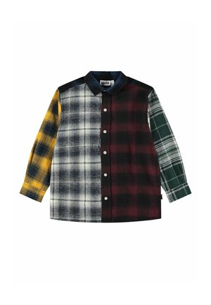 Camisa de manga larga abotonada con diseño patchwork en estampados de cuadros amarillos, negros, blancos, burdeos y verdes y un cuello negro.