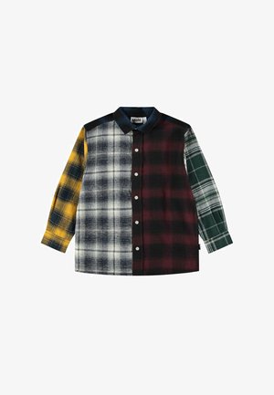 Camicia a maniche lunghe con bottoni, design patchwork in giallo, nero, bianco, bordeaux e verde a quadri e colletto nero.