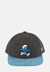 Gray cap with a blue suede visor, featuring an embroidered blue cartoon character in a playful pose on the front. Rounded crown design.