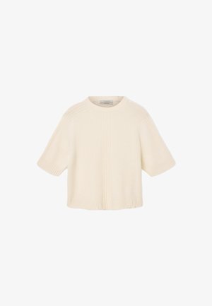 Crème-kleurige, kortlopende gebreide trui met ribgebreide boorden, zoom en verticale naaddetails aan de voorkant en op de mouwen.